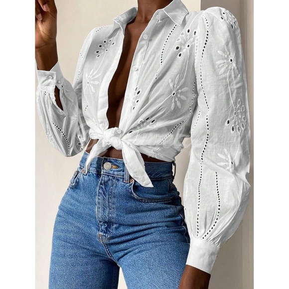 White Boho Eyelet Shirt, French Style Collar Button Front, Eyelet Embroidery - Picture 3 of 14